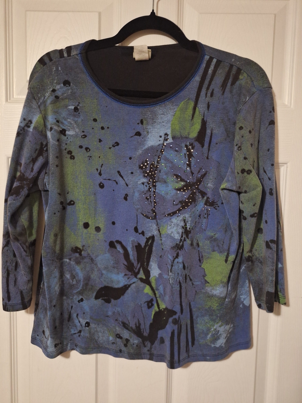 Jess & Jane Blue Floral Sparkle 3/4 Sleeve Women's Blouse Size Large